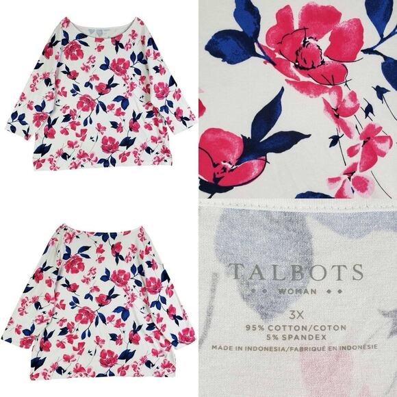 Talbots Shirt Women’s Plus Size 3X Striped Long Sleeve Cotton White Floral - Picture 1 of 8